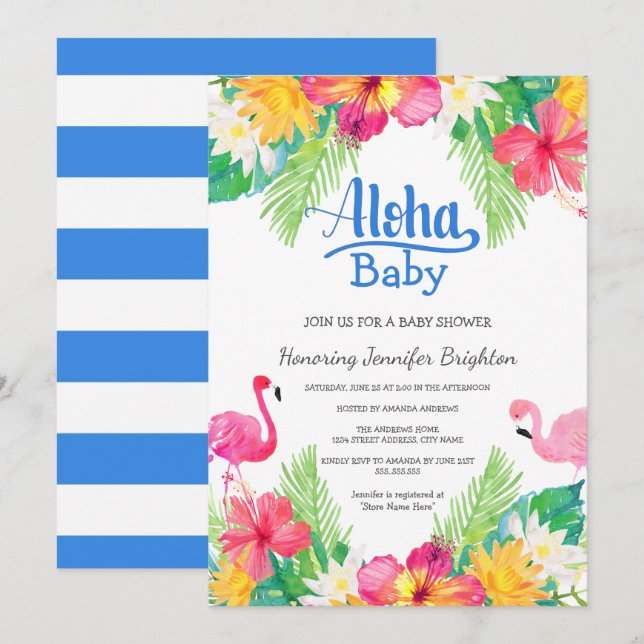 Invitation Bleu| Baby shower du Flamant rose tropical de Luau (Devant / Derrière)