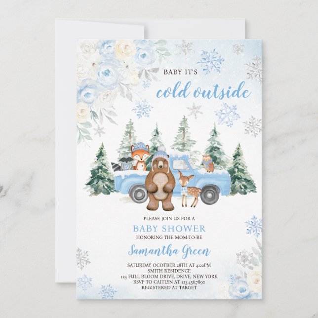 Invitation Bleu Baby shower forestier d'hiver (Devant)