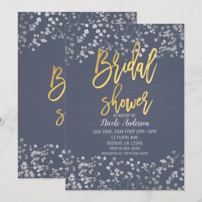 Invitation Bleu Baby's Breath Moderne Mariage Dorure sur Papi (Devant / Derrière)