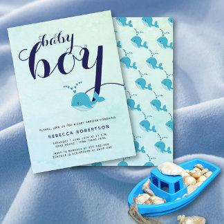 Invitation Bleu baleine marine typographie océan bébé garçon