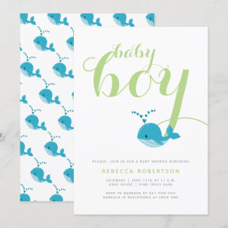 Invitation Bleu baleine vert typographie bébé garçon douche