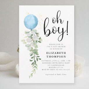 Invitation Bleu Balloon Eucalyptus Élégant Oh Baby shower gar