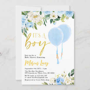 Invitation Bleu Balloon vert Baby shower "C'est un garçon"