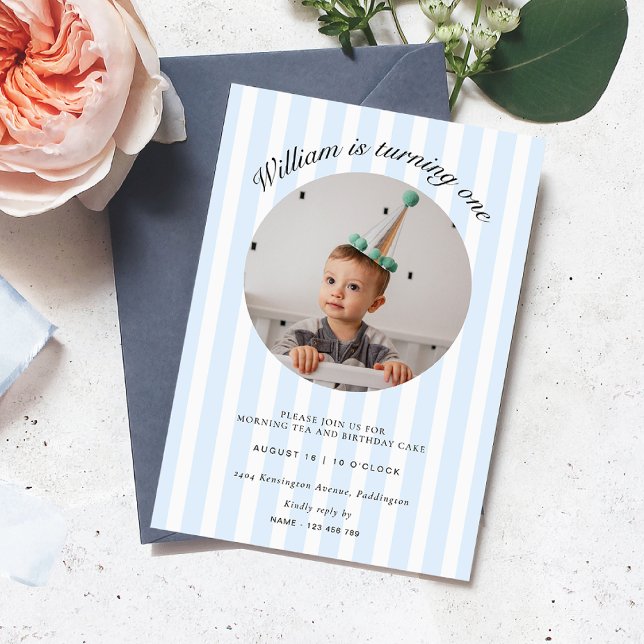 Invitation Bleu Bande Photo Anniversaire (Retro Blue Stripe First Birthday Photo Invitaiton)