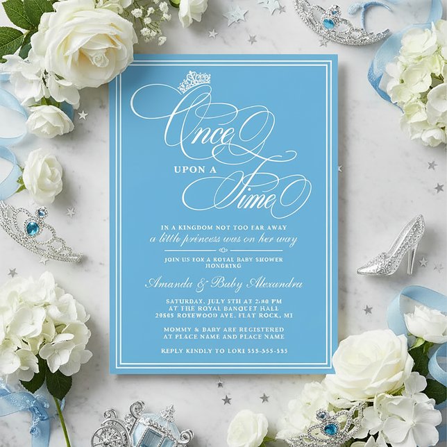 Invitation Bleu Baptême de Bébé Princesse Il était une fois (Princess Baby Shower | Once Upon a Time Princess Baby Shower Invitation)