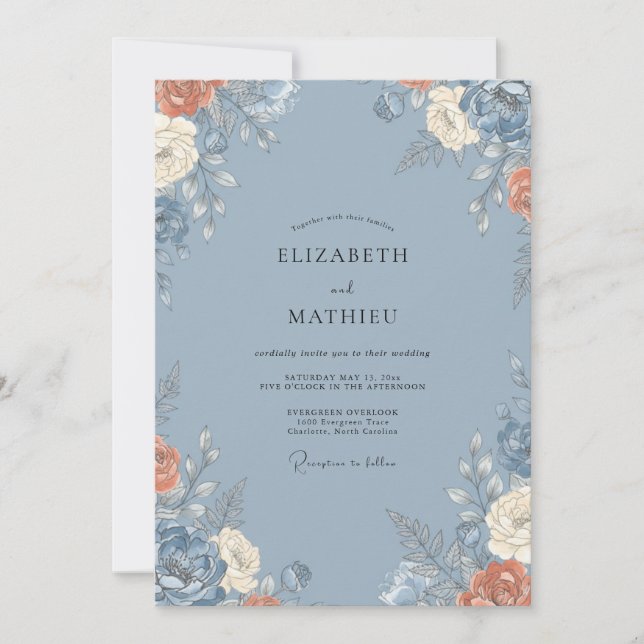 Invitation Bleu Barbeau Aquarelle Botanique Mariage (Devant)