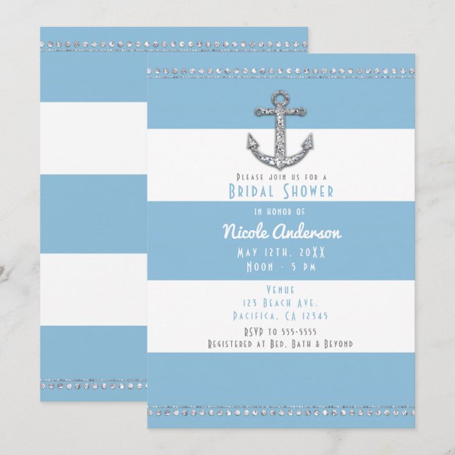 Invitation Bleu barbeau et rayures blanches Ancre en diamant (Devant / Derrière)