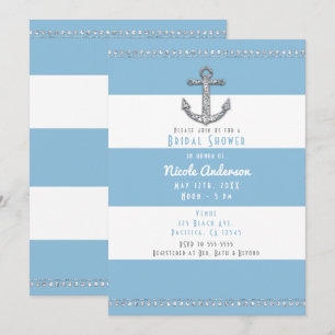 Invitation Bleu barbeau et rayures blanches Ancre en diamant
