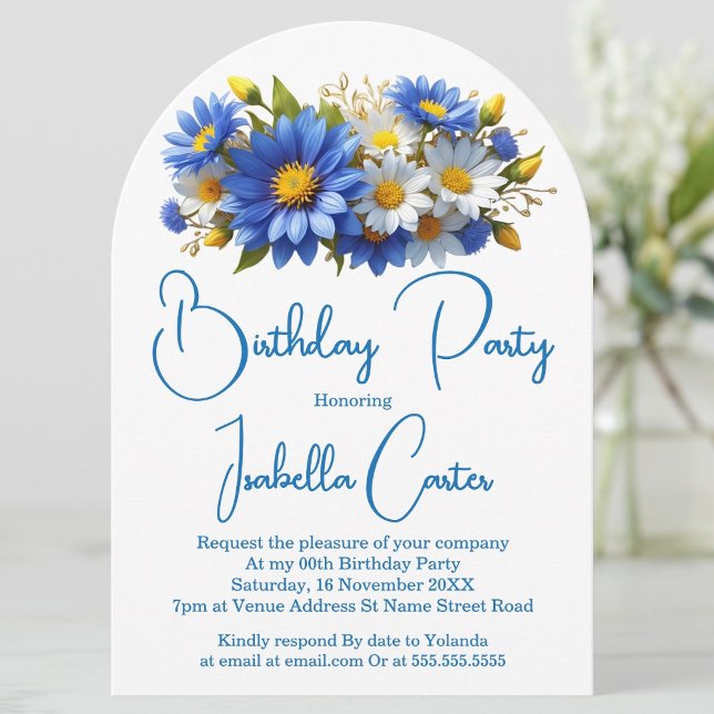 Invitation Bleu Barbeau Jaune Blanc Fleur d'anniversaire (Créateur téléchargé)