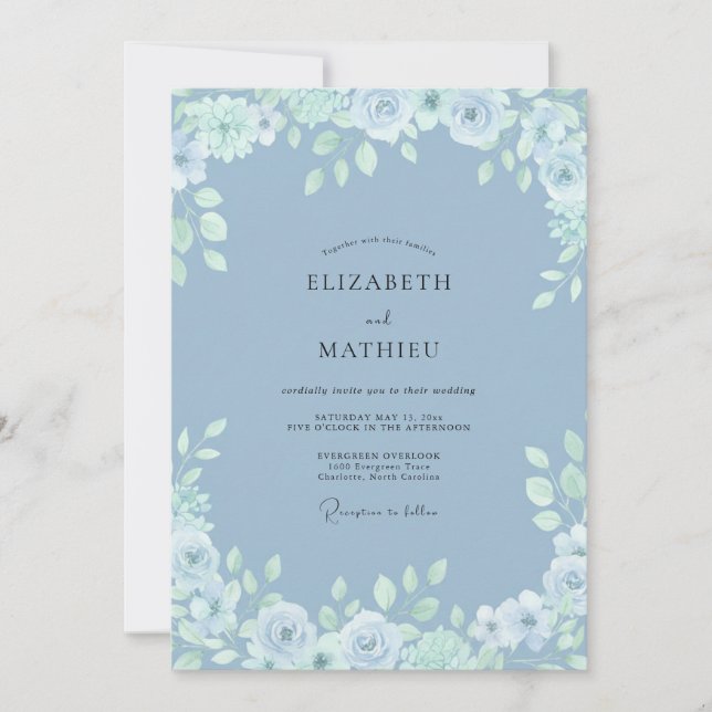 Invitation Bleu Barbeau Raffiné Mariage Botanique (Devant)