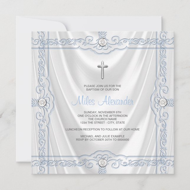 Invitation Bleu bébé baptême Christening Satin Blanc (Devant)