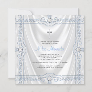 Invitation Bleu bébé baptême Christening Satin Blanc