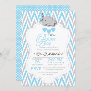 Invitation Bleu bébé, éléphant gris blanc Baby shower 2