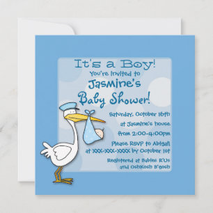 Invitation Bleu bébé garçon cigogne pois douche