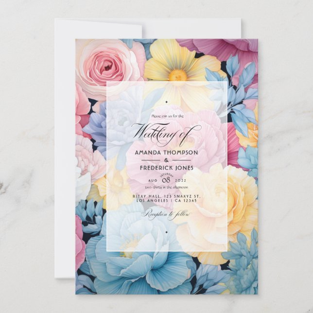 Invitation Bleu bébé, jaune beurre, mariage rose pastel (Devant)