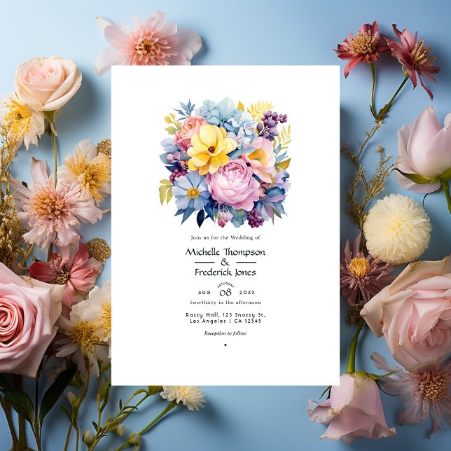Invitation Bleu bébé, jaune beurre, mariage rose pastel (Créateur téléchargé)