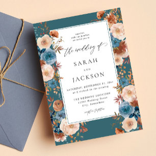 Invitation Bleu Beige & Dusty Floral Mariage S2 - Turquoise