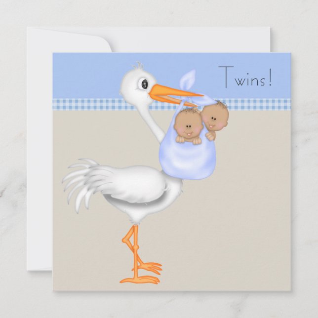 Invitation Bleu Beige En vichy cigogne Baby shower jumeau (Devant)