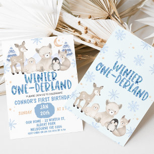 Invitation Bleu Beige hiver Onederland Anniversaire Invitatio
