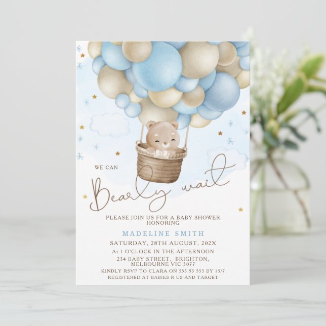 Invitation Bleu Beige Hot Air Balloon Bearly Bear Baby shower (Debout devant)