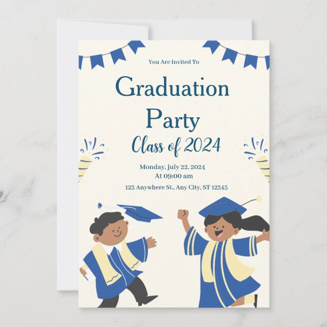 Invitation Bleu beige Illustrative Graduation Party pour enfa (Devant)