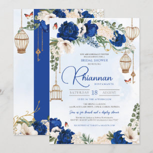 Invitation Bleu Beurre d'or Floral Élégante Fête des mariées