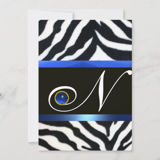 Invitation BLEU BLACÉ BLANC ZEBRA MONOGRAM DE FOUR, Sapphire (Devant)