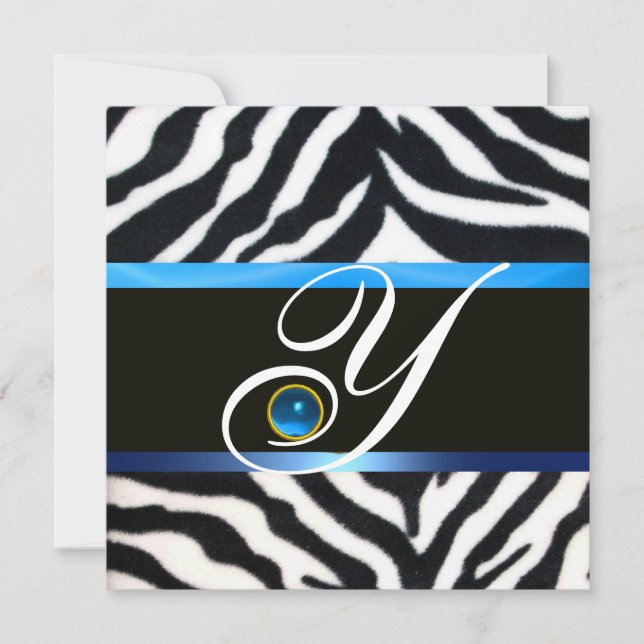 Invitation BLEU BLACÉ BLANC ZEBRA MONOGRAM DE FOUR, Sapphire (Devant)