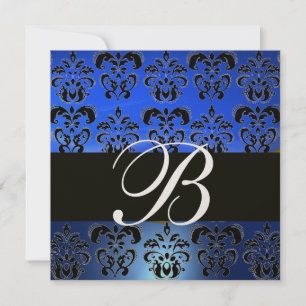 Invitation BLEU BLACK DAMASK MONOGRAM, Bright Gold White
