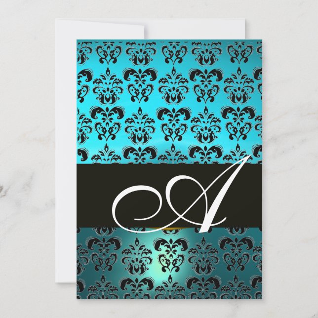 Invitation BLEU BLACK DAMASK MONOGRAM, brillant blanc turquas (Devant)