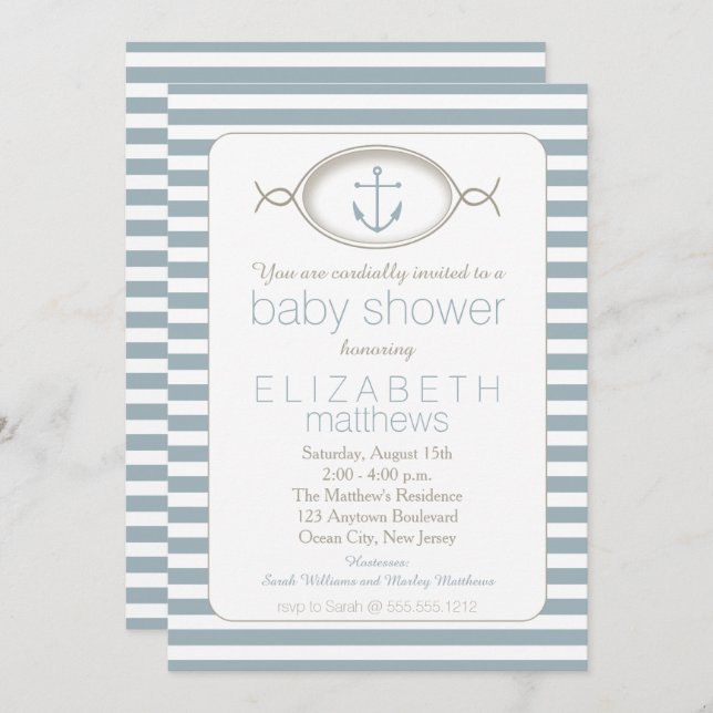 Invitation Bleu blanc Ancre nautique Baby shower de garçon ra (Devant / Derrière)