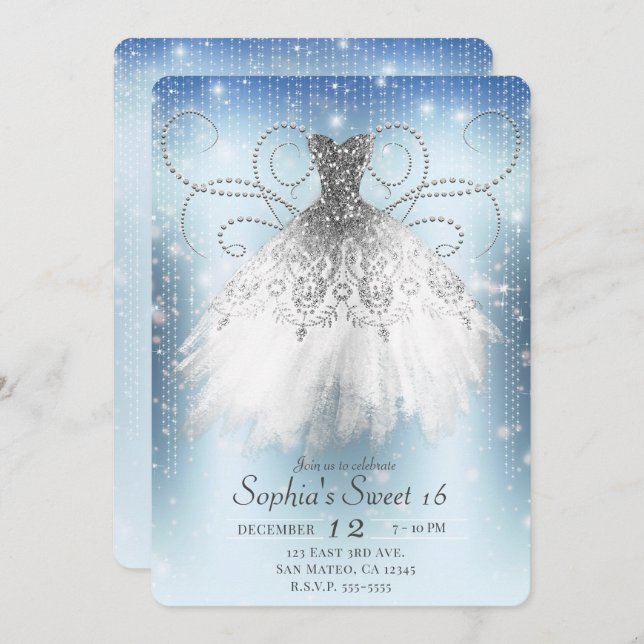 Invitation Bleu blanc Argent Princesse Robe Douce 16 Partie (Devant / Derrière)