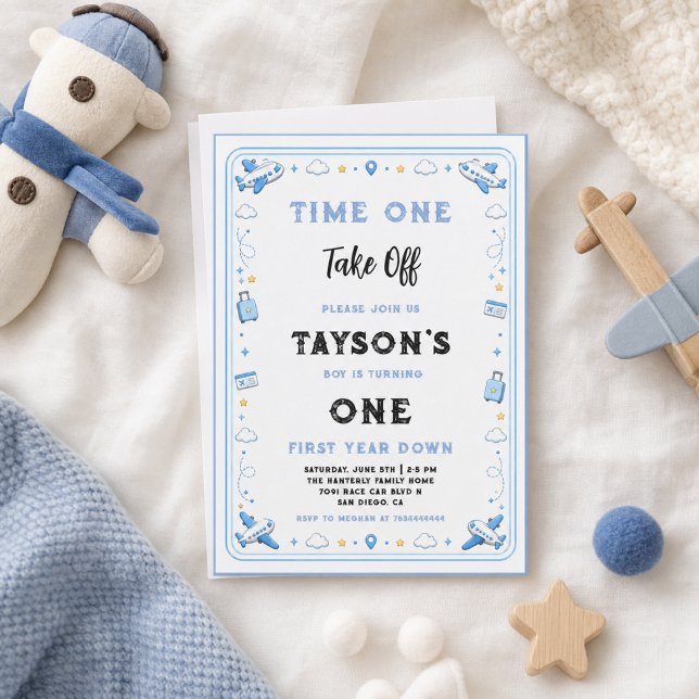 Invitation Bleu Blanc Avion 1er Anniversaire Première Décolla (Blue White Plane 1st Birthday Time One Take Off Invitation
)