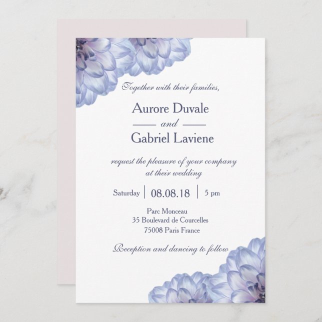 Invitation Bleu blanc bleu lilas fleurs florales mariage (Devant / Derrière)