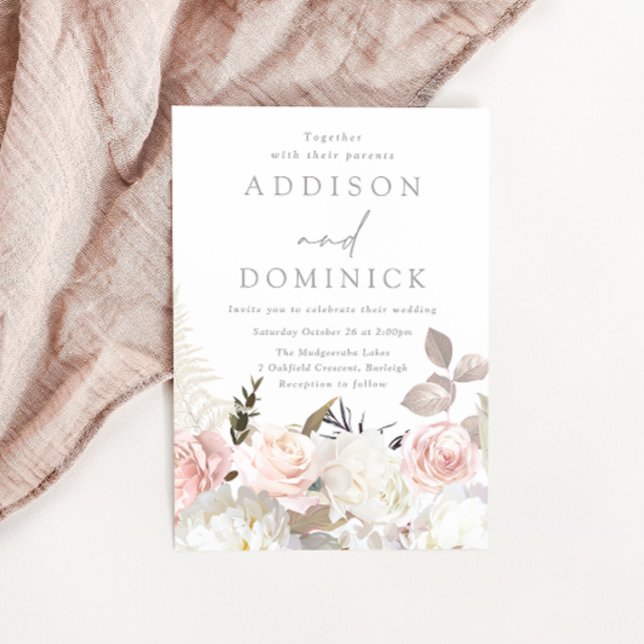 Invitation Bleu Blanc Botanique Roses Toutes les saisons Mari (Créateur téléchargé)