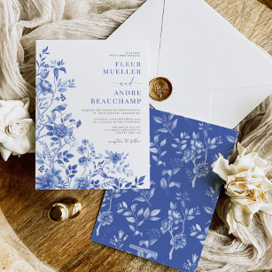 Invitation Bleu Blanc Chinoiserie Floral Porcelaine Mariage