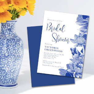 Invitation Bleu Blanc Chinoiserie Lotus Floral Fête des marié