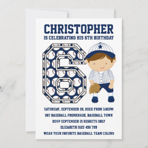 Invitation Bleu blanc de baseball 6e fête d'anniversaire