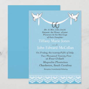 Invitation Bleu blanc dentelle avec anneaux Mariage