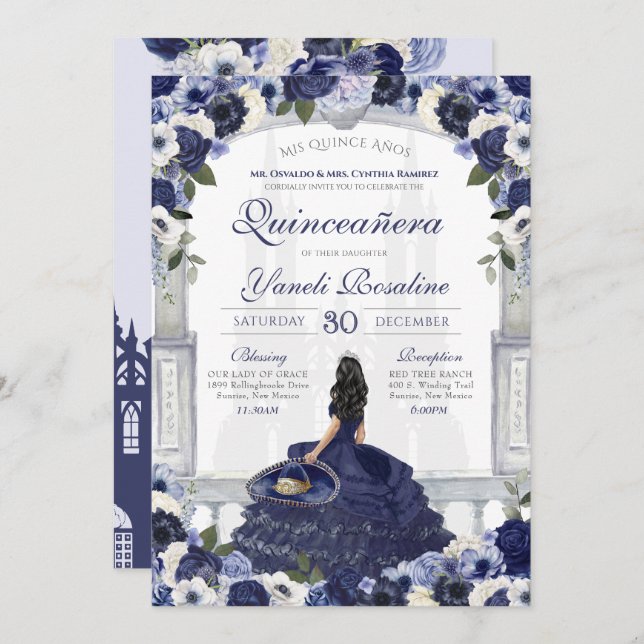 Invitation Bleu Blanc Elégant Charro Princesse Quinceanera (Devant / Derrière)