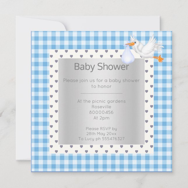 Invitation Bleu Blanc En vichy bébé douche simple cigogne (Devant)