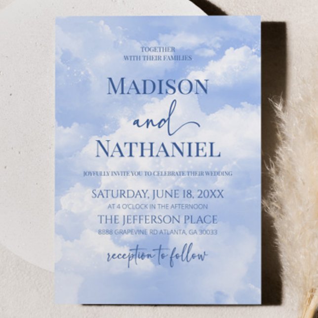 Invitation Bleu Blanc Étincelle Nuages Rêveur Élégant Mariage (Créateur téléchargé)