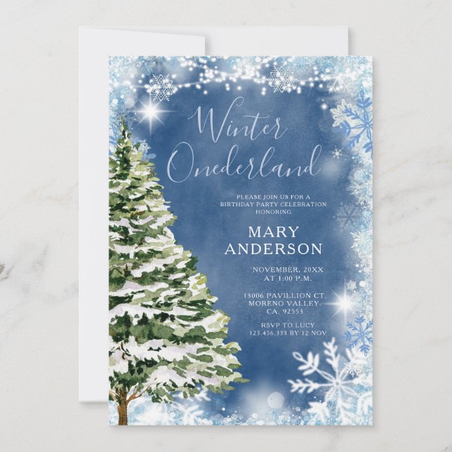 Invitation Bleu blanc Flammes de neige Hiver Onederland Anniv (Devant)