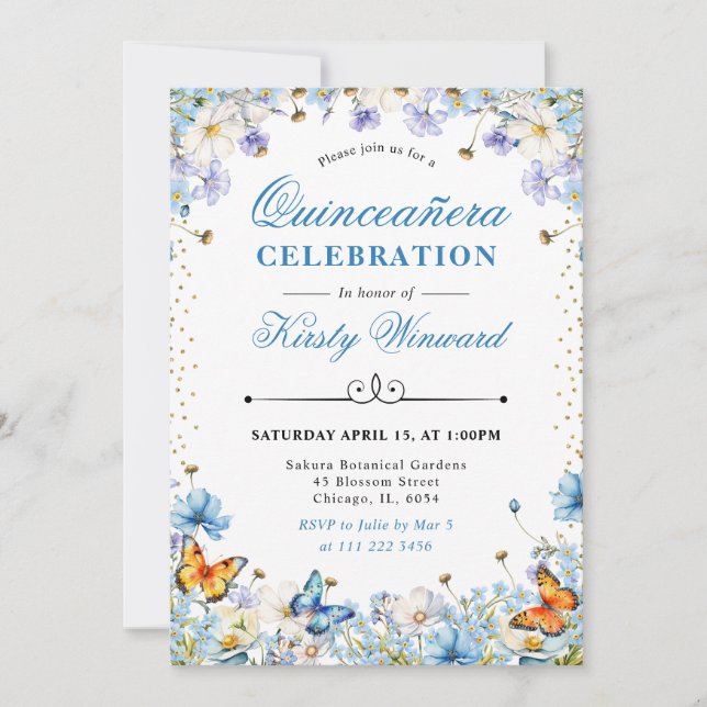 Invitation Bleu Blanc Fleurs sauvages & Papillons Quinceanera (Devant)