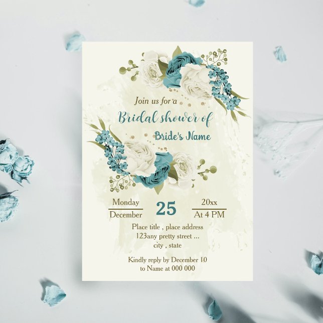Invitation bleu blanc fleurs verdure douche nuptiale (Créateur téléchargé)