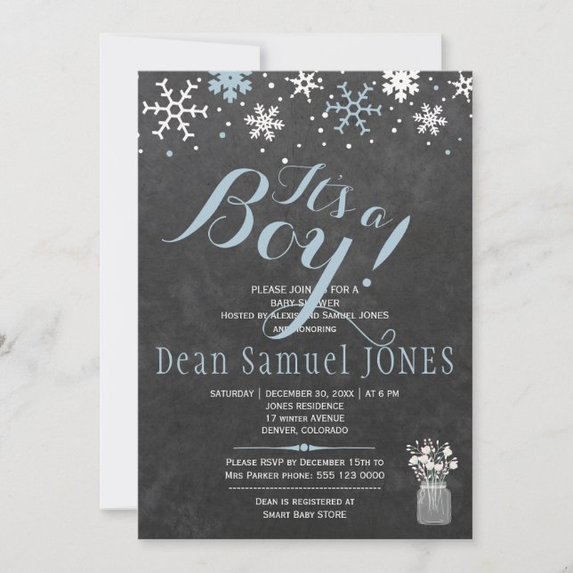Invitation Bleu blanc flocon de neige chalkboard garçon baby  (Devant)
