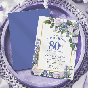 Invitation Bleu Blanc Floral 80e anniversaire Dîner surprise