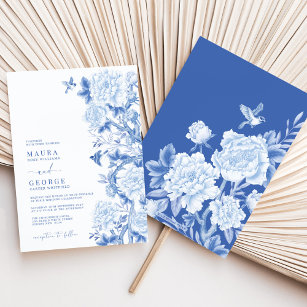 Invitation Bleu Blanc Floral Birds Chinoiserie Jardin Mariage