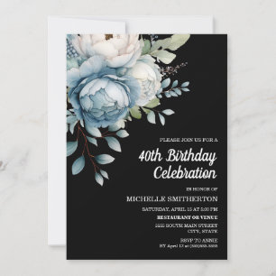 Invitation Bleu Blanc Floral Black Femmes 40e anniversaire