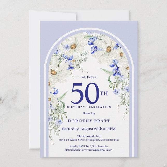 Invitation Bleu Blanc Floral Boho Arch 50e fête d'anniversair (Devant)